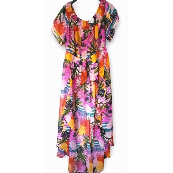 Ashley Stewart Open Hi Low Duster Women 18/20 Pink Floral Print  Button NWT - Picture 1 of 10